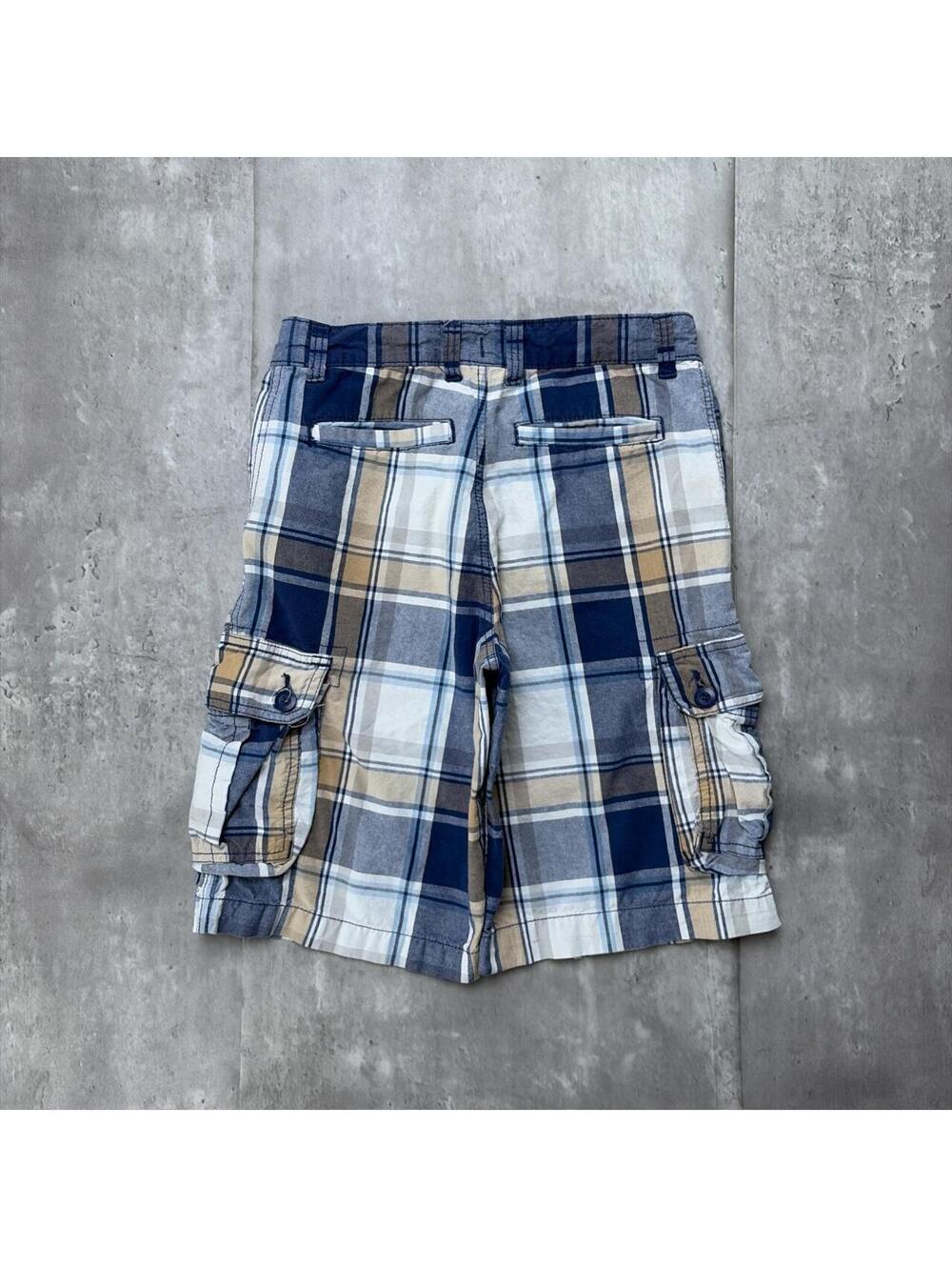 Y2K Navy Faded Glory Grunge Plaid Baggy Cargo Skater Shorts